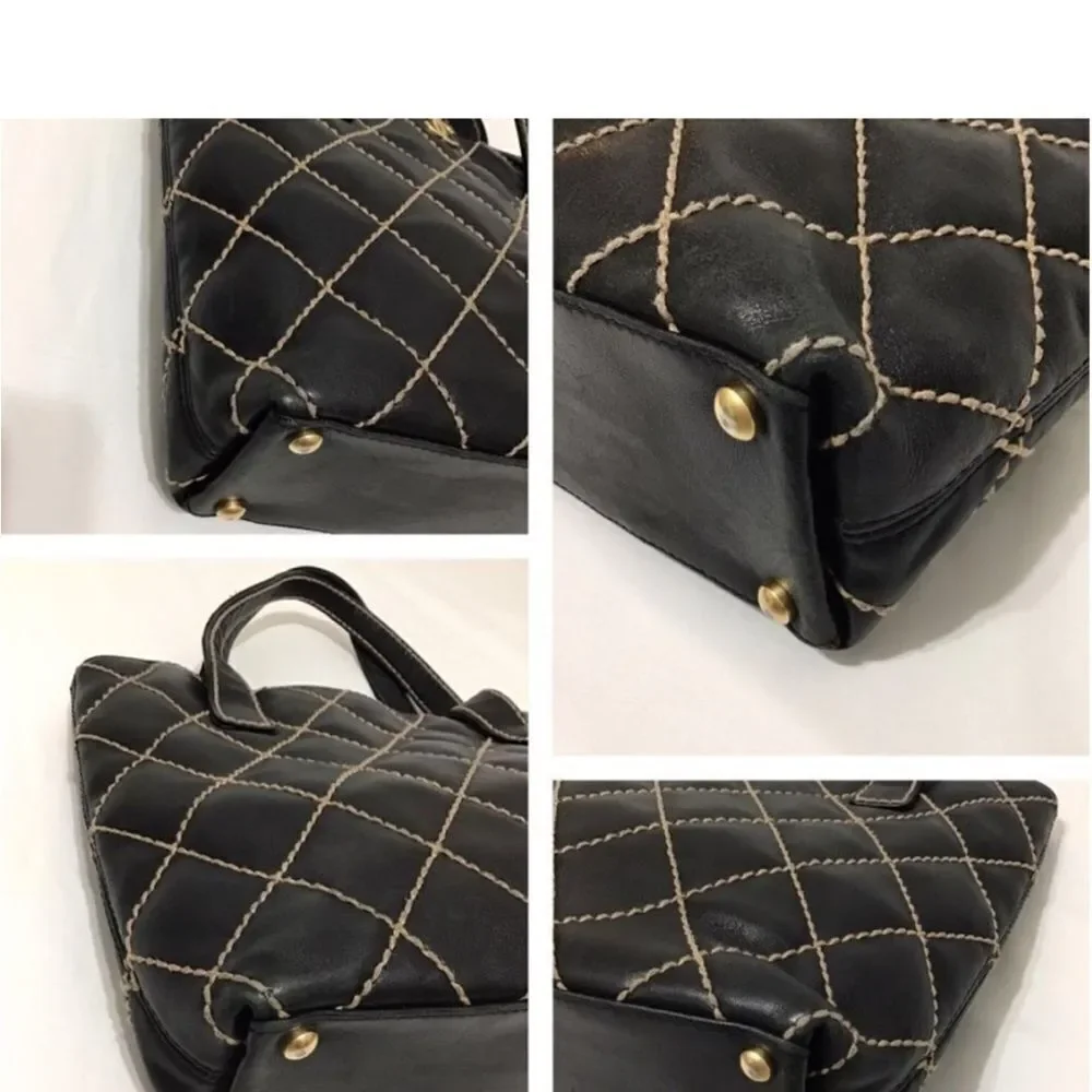 CHANEL Black Leather Quilted Wild Stitch Tote/Shoulder Bag Vintage